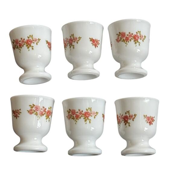 VTG Egg Cups Coddlers (6) White Milk Roses Glass Floral Pattern France READ - Picture 1 of 9
